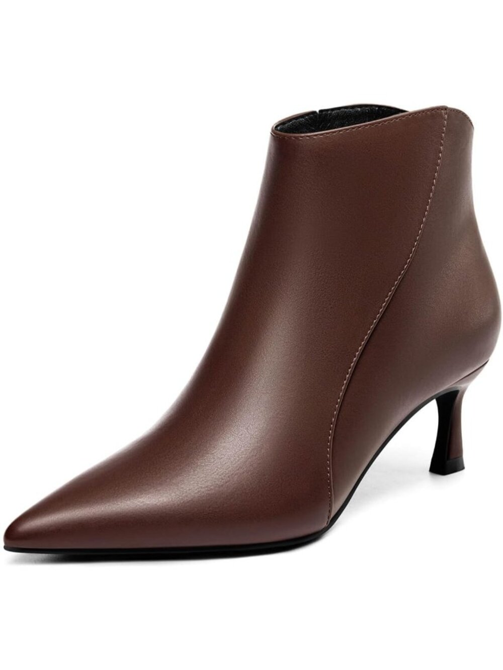 Women's Chocolate Faux Leather Pointed Toe Side Zipper Kitten Heel Ankle Boots
